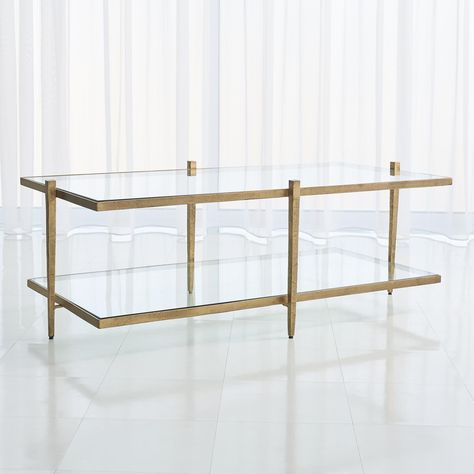 Laforge Cocktail Table-Antique Gold Antique Gold Coffee Table, Luxury Coffee Table, Tempered Glass Table Top, Glass Table Top, Traditional Table, Global Views, Rectangular Coffee Table, Low Shelves, Glass Top Table