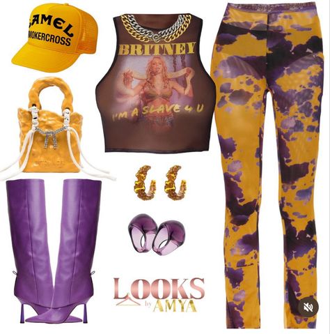 Purple And Gold Game Day Outfits, Purple And Yellow Outfit, Yellow Fits Black Women, Purple Fits Streetwear, Black And Yellow Outfit Baddie, Lsu Gameday Outfit Purple Gold, Hoco Outfits, College Events, Birthday Outfit For Women