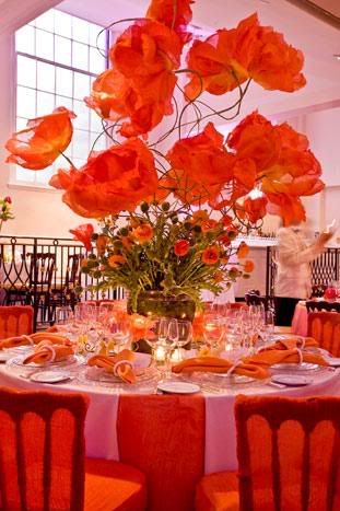 huge flowers were all hand-made from gauze that was custom-dyed and molded... Deco Orange, Elegant Wedding Reception, Giant Flowers, Giant Paper Flowers, Orange Wedding, Persimmon, Floral Centerpieces, Decoration Table, Place Settings