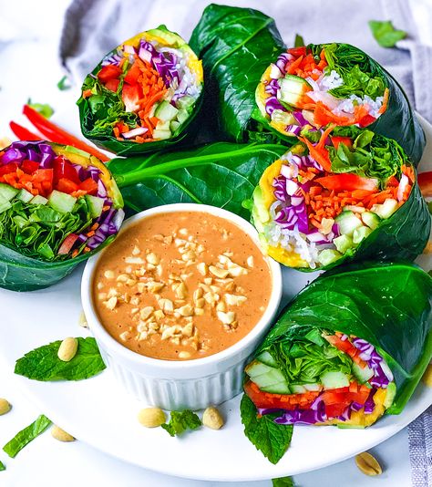 Vermicelli Rice Noodles, Vegan Peanut Sauce, Collard Wraps, Thai Mango, Miracle Noodles, Thai Peanut Sauce, Romaine Salad, Thai Peanut, Veggie Wraps