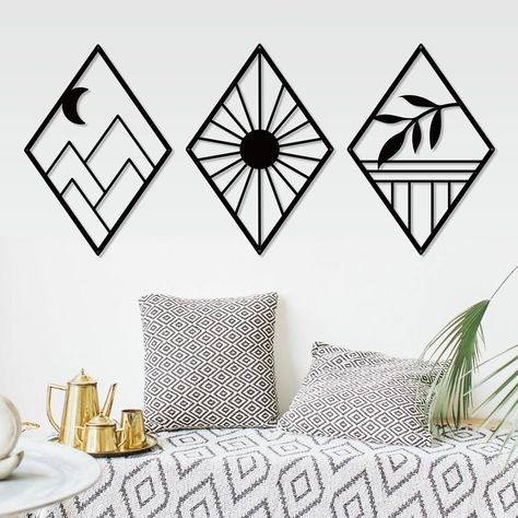 Country Bedroom Furniture, Metal Minimalist, Tape Wall Art, Popsicle Art, Mirror Interior Design, Bedroom Clocks, Black Bohemian, Black Metal Wall Art, Metal Art Wall