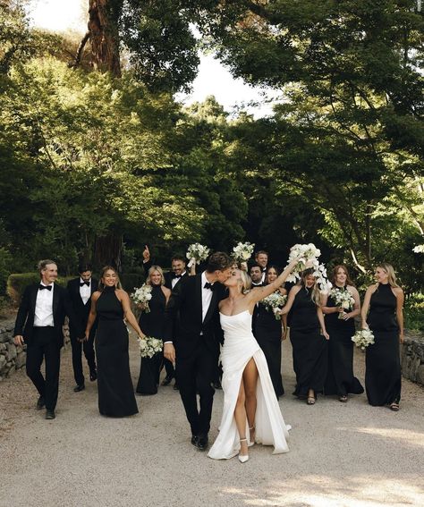 All Black Bridal Party Attire, Classic Wedding Color Schemes, Wedding Ideas 2024, Bridal Party Color Schemes, Black And White Wedding Theme, Unique Themes, 2025 Wedding, White Wedding Theme, Wedding Picture Poses