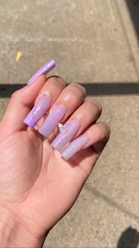 For more inspo f// mirandaa_x Long Nails With Butterflies, Light Purple Butterfly Nails, Purple Nails With Butterfly, Purple Butterfly Nails, Light Purple Butterfly, Nails With Butterflies, Nails With Butterfly, Light Purple Nails, Lilac Nails