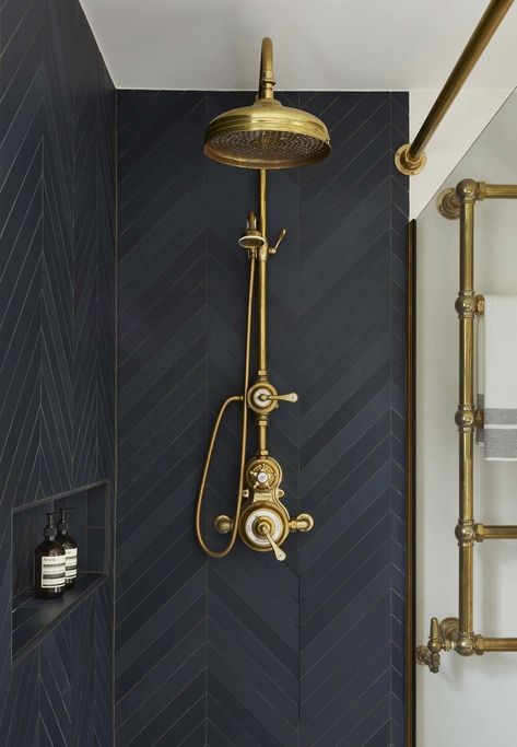 moody shower with black tile and brass plumbing fixtures