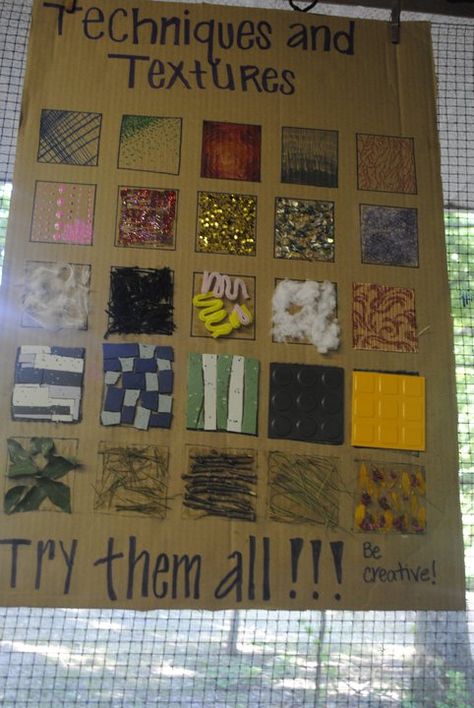 Texture touch board! Teaches real and implied texture. Art Lesson Texture, Tactile Textures On Paper, Implied Texture Art Projects, Texture Art Projects Elementary, Implied Texture, Texture Art Projects, Art Room Inspiration, Art Room Posters, Boho Art Drawings