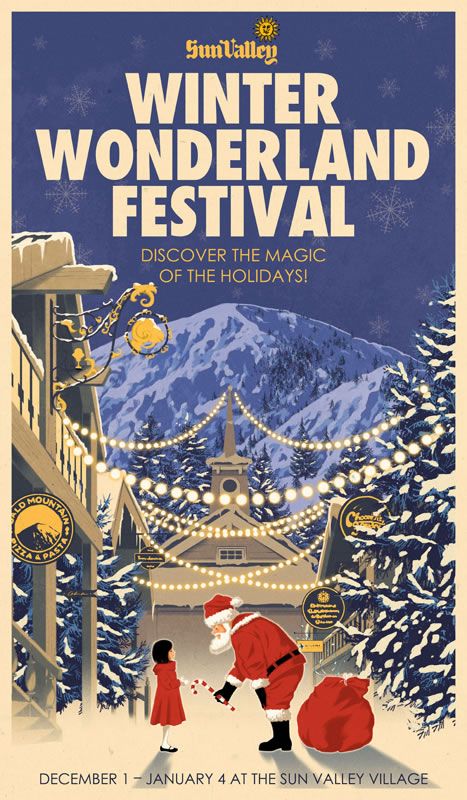 "Sun Valley Winter Wonderland" by Rui Ricardo. Xmas Prints, Random Posters, Posters Christmas, Uk Illustration, Vintage Ski Posters, Advertising Graphics, Poster Christmas, Japan Illustration, Tourism Poster