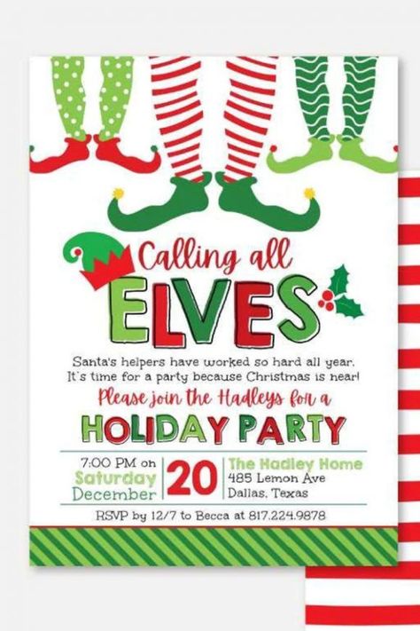 Printable Christmas Party Invitations, Elf On The Shelf Party, Elf Centerpieces, Free Printable Christmas Cards, Christmas Invitation Card, Christmas Party Invitation Template, Winter Holiday Party, Xmas Dinner, Kids Christmas Party