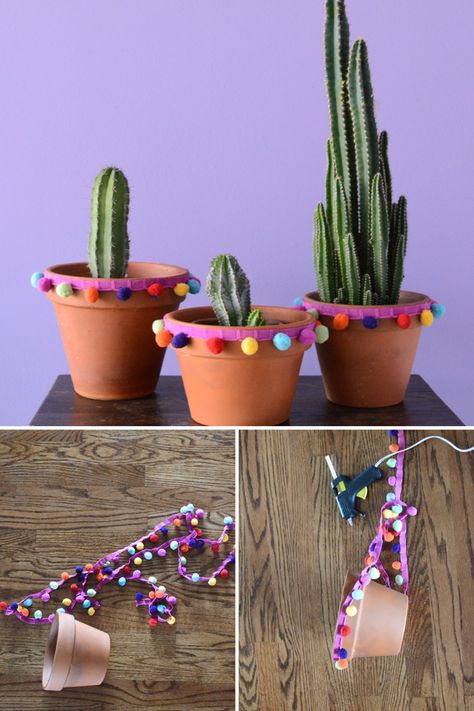 A Pom Poms Diy with Terra-cotta Pots Terra Cotta Pot Centerpieces, Pom Poms Diy, Mexican Flower Pots, Diy Pom Poms, Mexican Fiesta Party, Mexican Birthday, Painted Pots Diy, Cactus Party, Fiesta Theme Party