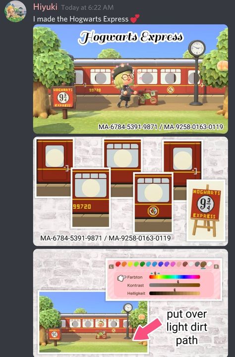 Hogwarts Express acnh custom design face cut-out standee code animal crossing https://discord.com/channels/747615824352903298/748792335055323147/823501817756778516 Animal Crossing Custom Design Harry Potter, Acnh Platform 9 3/4, Standee Animal Crossing, Acnh Hogwarts Express, Animal Crossing Hogwarts Express, Animal Crossing Standee Codes, Acnh Island Designs Code, Animal Crossing Stage Design, Animal Crossing Hogwarts Design