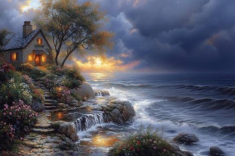 Coastal Serenity Custom Canvas Print Inspired by Thomas Kinkade Soft Colors Tranquil Home Decor Wall Art by CustomCanvasCurators 🌅 Embrace the serene beauty of a coastal sunset with our "Coastal Serenity" custom canvas print! 🖼️ Inspired by the enchanting works of Thomas Kinkade, this artwork captures the tranquility of a charming cottage nestled among vibrant flowers, with soft waves crashing nearby and warm golden light spilling from the windows. 🏡🌺 Perfect for adding a touch of peace and... Thomas Kinkade Cottage, Thomas Kinkade Paintings, Autumn Prints, Kinkade Paintings, Tranquil Home, Charming Cottage, Art Landscapes, Waves Crashing, Custom Canvas Prints