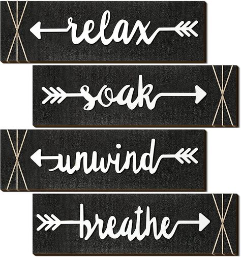 you will receive 4 pieces of farmhouse bathroom wall decorations, with each measures about 11.8 x 3.5 inch, which are one side printed with [Soak], [Relax], [Unwind], [Breathe], and the adequate quantity and different patterns provide you a wide choice for bathroom wall decor💕💕 Laundry Room Black, Rustic Farmhouse Bathroom Decor, Home Laundry Room, Bathroom Decor Wall Art, Country Bathroom Decor, Bathroom Decor Wall, Bathroom Decor Signs, Rustic Farmhouse Bathroom, Laundry Room Art