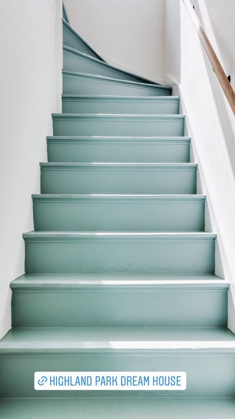 Blue Grey Staircase, Teal Stairs, Blue Painted Staircase, Stairs Color Ideas, Light Blue Staircase, Coloured Staircase, Pastel Stairs, Staircase Colour Ideas, Blue Staircase