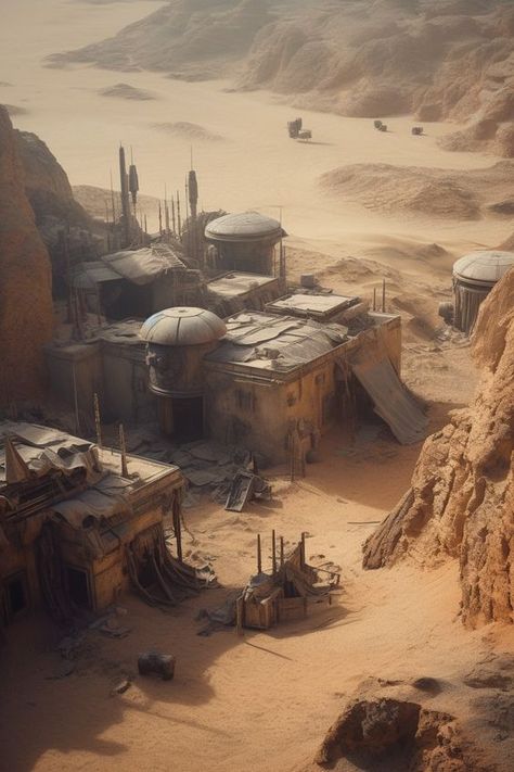 Sci Fi Wasteland, Scifi Desert City, Scifi Environment Concept Art, Scifi Wasteland, Sci Fi Colony, Sci Fi Building Concept Art, Desert Sci Fi, Dune Environment, Scifi Desert