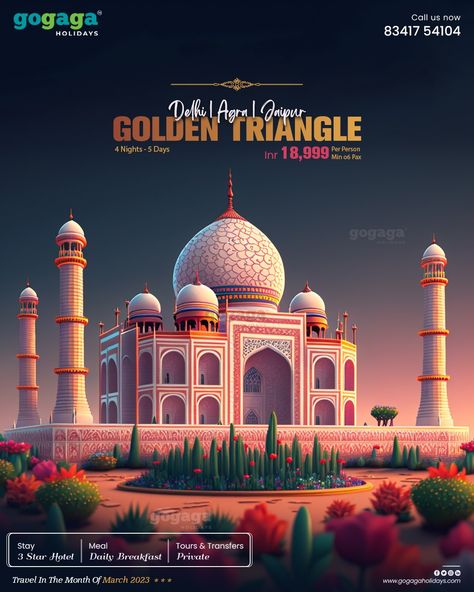 Explore the heart of India with a tour through the Golden Triangle, a combination of ancient Indian history and modern-day attractions 📍 Delhi, Agra & Jaipur HURRY UP..!!🥳 Give a ❤️ For more details give us a missed call at 📞 8950 8950 83. Check out for more Packages 🌐 www.gogagaholidays.com For more packages and details we are just a call away at 📞 83417 54104 Travel Advertising Design, Study Abroad Travel, Tourism Design, Ancient Indian History, Art Brochures, Facebook Post Design, Real Estate Marketing Design, Social Media Branding Design, Travel Advertising