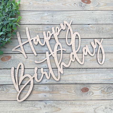 "Happy Birthday Wood Sign, Happy Birthday Banner Backdrop & Wooden Cutout Happy Birthday Wood Cutout is unfinished. Other colors are available for you to choose from.  Sign is laser cut 1/4\" Birch Plywood. This cutout consists of 1 piece. Wood cutout signs are cut out precisely with a laser cutter.  Other colors may be available upon request. Hanging hardware is NOT INCLUDED. We use 3M Command Strips to hang our cutouts. Other options are mounting tape, or have it placed on small nails on the w Wood Birthday Decorations, Happy Birthday Wood Sign, Birthday Wood Sign, Birthday Cutouts, 30th Birthday Cake Topper, Happy Birthday Tag, Happy Birthday Sign, Bridal Shower Cake Topper, Happy Birthday Backdrop