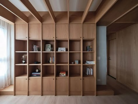 FWS_work designs Residence W as a tranquil retreat in the city Modern Home Library, Black Wall Tiles, Apartment Entrance, Plywood Walls, Space Dividers, Staining Cabinets, Joinery Details, Casa Country, Oak Panels