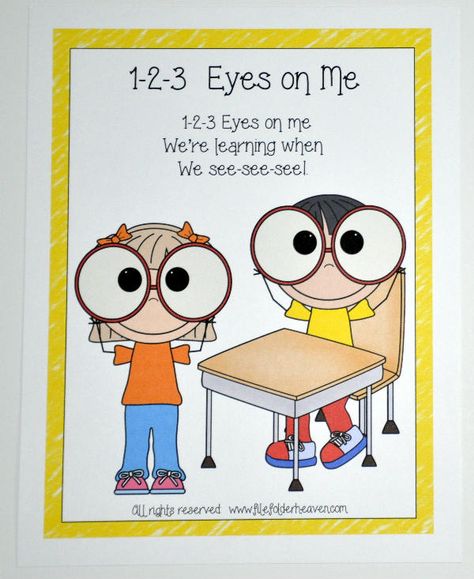 1-2-3 Eyes on Me Poster 1 2 3 Eyes On Me Classroom, Classroom Chants, Free File Folder Games, Preschool Transitions, Preschool Poems, Classroom Posters Free, Transition Songs, Classroom Helpers, Kindergarten Songs