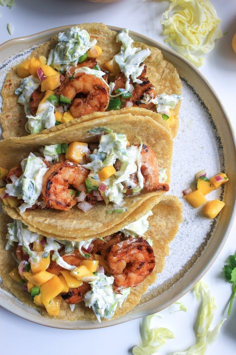 Mango Salsa Shrimp, Shrimp Slaw, Shrimp Tacos With Mango Salsa, Grilled Mango, Shrimp Tortilla, Tacos With Mango Salsa, Griddle Cooking Recipes, Grilled Shrimp Tacos, Mango Slaw