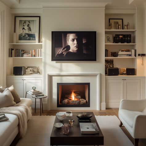 built in fireplace Built In Tv Stand With Fireplace, Simple Fireplace Built Ins, Tv On Side Of Fireplace Built Ins, Tv Fireplace Wall Ideas Built Ins Modern, Fireplace Between Bookshelves, Blank Wall Next To Fireplace, Inset Fireplace With Built Ins, 65 Inch Tv Over Fireplace, Built Ins Beside Fireplace