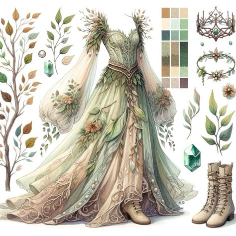 Fairy Outfit Illustration, Spring Fantasy Outfit, Fantasy Nature Outfit, Forest Theme Outfit, Fantasy Forest Outfit, Green Fantasy Outfit, Fantasy Elf Outfit, Enchanted Forest Theme Dress, Enchanted Forest Outfit