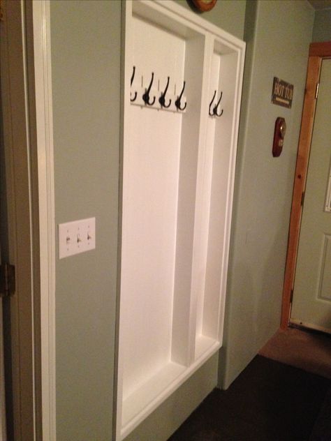 Master bath--could we recess towel hooks between the studs of the WC outer wall to save space? Narrow Bathroom Shelves Small Spaces, Built In Between Studs, Recessed Coat Hooks, Between The Studs Drop Zone, Small Mudroom With Stairs, Between The Studs Entryway Built Ins, Built In Bookshelves Between Studs, Using Space Between Wall Studs, Makeshift Coat Closet