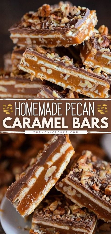 Learn how to make Pecan Caramel Bars! It will only take you 5 ingredients and 15 minutes of work. With gorgeous layers of salty, buttery club crackers, caramel, chocolate, chocolate, and pecans, this… Club Cracker, Blondies Recipes, Caramel Recipe Easy, Bar Bites, Homemade Candy Bars, Novice Chef, Club Crackers, Pecan Bars, Caramel Bars