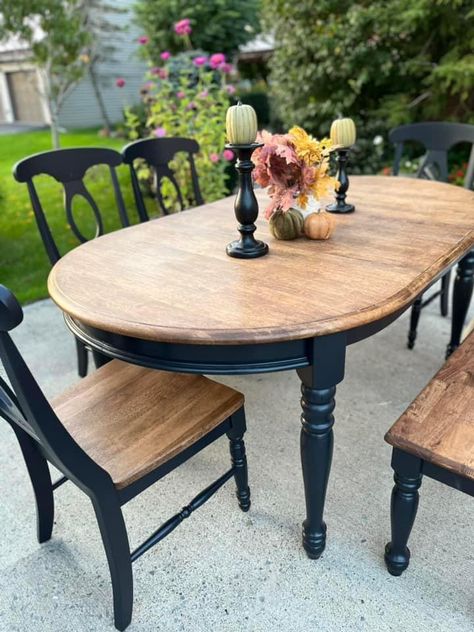 Kitchen Table Black And Wood, Round Dining Table Refurbish Ideas, Refinished Circle Kitchen Table, Refinished Kitchen Table Black And Wood, Upcycled Farmhouse Table, Light Wood With Black Accents, Updating Dining Room Table, Refurbished Round Dining Table, Table Renovation Ideas