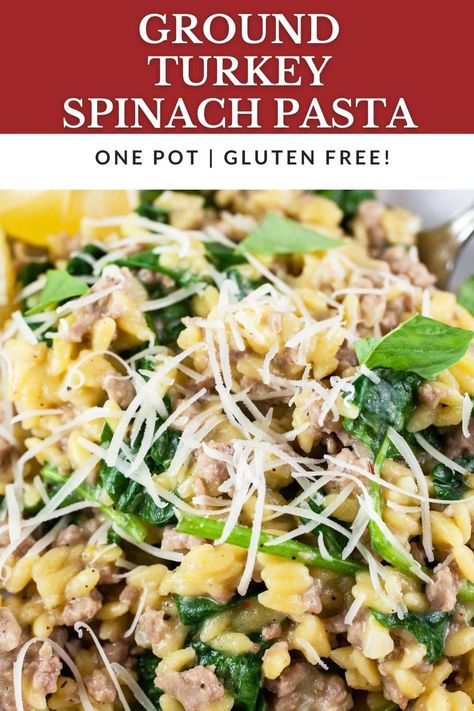 This Ground Turkey Spinach Pasta makes for a healthy weeknight dinner! It's ready in 30 minutes and made in one pot on the stove top. This pasta is made with ground turkey that's sautéed with garlic, shallots, and Italian seasoning. Gluten free orzo pasta is added, along with chicken broth, spinach, Parmesan cheese, and lemon zest. Garnish this dish with some lemon juice and freshly torn basil leaves or herbs of choice for a flavorful meal. One pot recipes mean easy cleanup! Italian Turkey Recipes Ground, Basil Dishes Healthy Recipes, Healthy Pasta With Ground Turkey, Turkey And Orzo Recipes, Ground Turkey Rice Noodle Recipes, Ground Turkey And Spinach Recipes Healthy, Turkey Orzo Recipes, Spinach Ground Turkey Recipes, Ground Turkey And Pesto Recipes