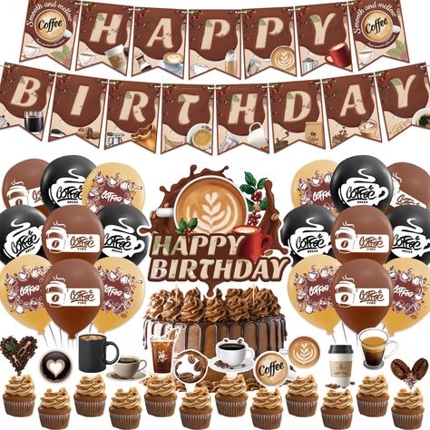 PRICES MAY VARY. Coffee Party Supplies: Package includes 1* coffee themed HAPPY BIRTHDAY banner, 1* coffee themed HAPPY BIRTHDAY cake topper, 12* coffee cupcake toppers, 18* coffee balloons. Suitable for coffee bar decorations. Material:Coffee birthday banner and coffee cake decorations are made of durable white card, not easily folded and torn, coffee balloons are made of latex, eco-friendly and reusable, easy to store and carry. Perfect Design: Our coffee party decoration is meticulously desig Coffee Birthday Theme, Coffee Themed Party, Coffee Cake Decoration, Coffee Leaves, Birthday Banner Cake Topper, Coffee Cupcake, Happy Birthday Coffee, Coffee Birthday, Bar Decorations