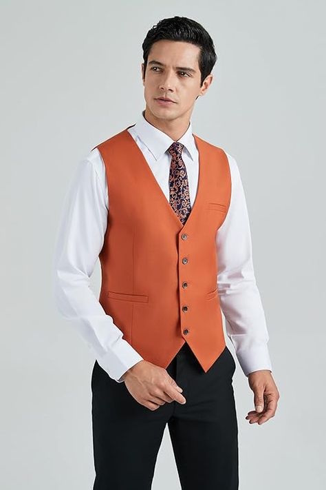 HISDERN Men's Suit Business Formal Dress Waistcoat Vest with 3 Pockets for Suit or Tuxedo Slim Fit Purple Suspenders, Brown Suspenders, Wedding Vest, White Suspenders, Khaki Vest, Blue Suspenders, Yellow Bow Tie, Vest Suit, Orange Suit