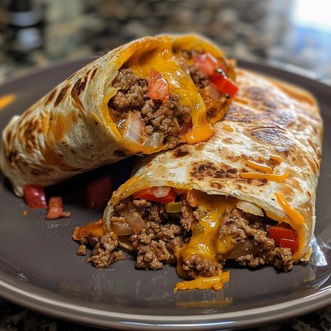 Translated into English: **Beef and Cheese Burrito 🌯🧀** 📋 **Ingredients:** - 400g ground beef - 1 onion, chopped - 1 red bell pepper, diced - 1 can black beans (400g), drained and rinsed - 200g shredded cheese - 4 wheat tortillas - 2 tbsp olive oil - Salt and pepper - Burrito spices (cumin, paprika, chili powder) 🥣 **Instructions:** 1. Heat olive oil in a skillet over medium heat. 2. Add onion and red bell pepper, sauté until tender. 3. Add ground beef and cook until browned. 4. Stir in bla... Cheese Burrito, Salvadorian Food, Can Black Beans, Wheat Tortillas, Salsa Guacamole, Food C, Foreign Food, Fast Healthy Meals, Mexican Food Recipes Easy