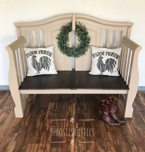 Bench From Crib Diy, Turn Crib Into Bench, Refurbished Crib Ideas Diy, Bench Made From Crib, Bench From Crib, Crib Repurpose Bench, Repurposed Crib Ideas Diy, Crib Bench Repurposed, Crib Bench Diy