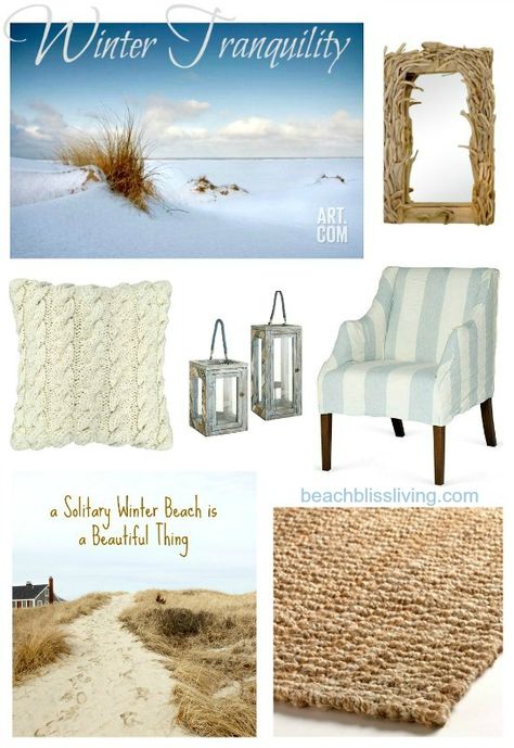 Beach Style Winter Decor: http://beachblissliving.com/beach-decor-winter/ Winter Beach House, Beach Style Living Room, Coastal Style Decorating, Winter Beach, Modern Sofa Designs, Beach Cottage Decor, Beach Cottage Style, Nautical Home, Theme Color