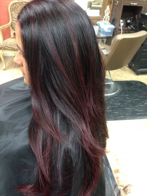 4RV ombré into ruby red. Maroon On Brown Hair, Wine Colour Highlight, Ruby Wine Hair Color Highlights, Red Colour Highlights For Black Hair, Ruby Wine Highlights, Dark Brown Hair With Red Highlights Straight, Black Hair With Deep Red Highlights, Red Wine Highlights On Brown Hair, Black Hair With Red Highlights Straight