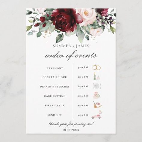 $2.58 | Burgundy Blush Floral Wedding Order of Event #order of events wedding timeline, wedding icons infographic pictures, chic elegant timeless classic, weeding weekend welcome message card, burgundy blush floral wedding program, watercolor flowers, roses rose peony greenery, wedding program template, classic timeless Order Of Events Wedding, Wedding Order Of Events, Blush Floral Wedding, Order Of Events, Stationery Ideas, Wedding Programs Template, Event Program, Wedding Order, Wedding Timeline