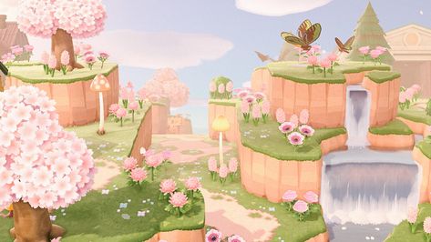 — I am finally nearly finished with my fairy themed... Acnh Pink Campsite, Acnh Fairy Town, Acnh Pink Springcore, Acnh Cutecore, Acnh Fairycore Island, Fairycore Animal Crossing, Kawaii Acnh, Fairycore Acnh, Fairycore Island