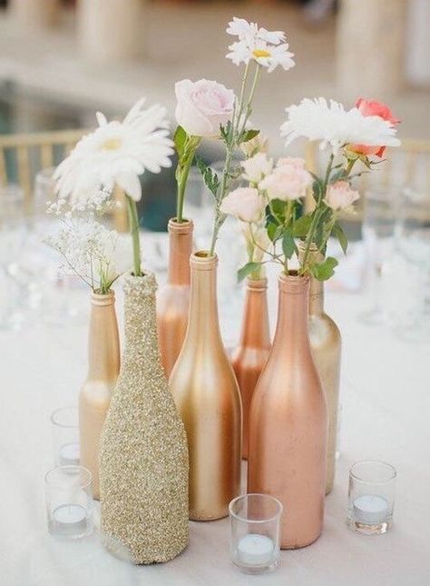 Gold Bottle Vases Centerpieces Vases Wedding Decor Gold | Etsy Bottle Vase Centerpiece, Wedding Punch, Centerpieces Vases, Vases Centerpieces, Glitter Vases, Gold Bottle, Vases Wedding, Gold Bottles, Graduation Party Centerpieces