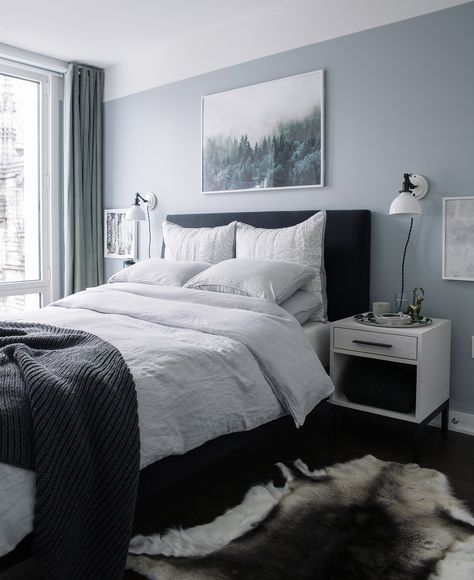 Bedroom Makeover: The Reveal - Bright Bazaar by Will Taylor see how reindeer rugs pair with grey walls ands stylish white ash bedside table! Relaxing Bedroom Colors, Brownstone Apartment, Light Blue Bedroom, Blue Gray Bedroom, Best Bedroom Colors, Grey Bedroom Decor, Bedroom Decor Inspiration, Dekorasi Kamar Tidur, Relaxing Bedroom