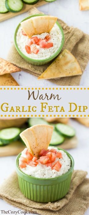 This warm garlic feta dip is made with cream cheese, feta, and Greek yogurt along with garlic, a hint of lemon, and simple spices. It's baked to creamy perfection and served with homemade pita chips or vegetables. | The Cozy Cook | #Appetizers #Dip #Feta #Cheese #Vegetarian #Meatless #Garlic #GreekFood Garlic Feta Dip, Dip Sauces, Homemade Pita Chips, Cozy Cook, Homemade Pita, Gluten Free Puff Pastry, Cheese Chips, Feta Dip, Appetizer Bites