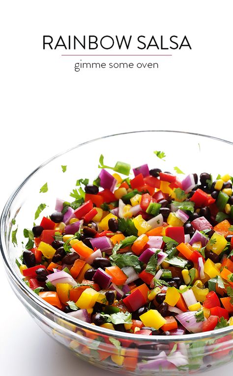 Cowboy Caviar, whatever you call it -- it's easy to make, and so fresh and tasty! Serve with baked sprouted-grain pita triangles, or just gobble it with a spoon. Rainbow Salsa, Salsa Easy, Resep Salad, Gimme Some Oven, Rainbow Food, Salsa Recipe, Aioli, Tortilla Chips, Dijon