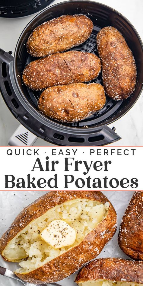 There's simply nothing better than an air fryer baked potato. The skin is crispy and delectably salty, and the flesh is perfectly light and fluffy. Best of all, the quick and easy air fryer method takes a fraction of the time of other cooking options. Dress up these foolproof baked potatoes with your favorite toppings and dig in! Best Baked Potatoes, Baked Potatoes In The Oven, Potatoes In The Oven, Best Baked Potato, New Air Fryer Recipes, Air Fryer Baked Potato, Air Fryer Recipes Snacks, Air Fryer Cooking Times, Air Fried Food