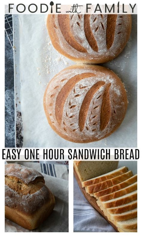 A Sandwich Bread recipe in one hour? Yes! And not only is it done in one hour, it's amazing! This easy bread recipe will become your go to! No special equipment or even loaf pans needed! Recipe includes how to sub in whole wheat flour and make either free-form or in a loaf pan. No Loaf Pan Bread, Free Form Bread Recipe, Quick Bread Recipes Easy Loaf Pan, Sandwich Bread Recipe No Yeast, Quick Sandwich Bread, Wheat Sandwich Bread Recipe, Sandwhich Bread, Easy Bread Recipe, Sandwich Bread Recipe