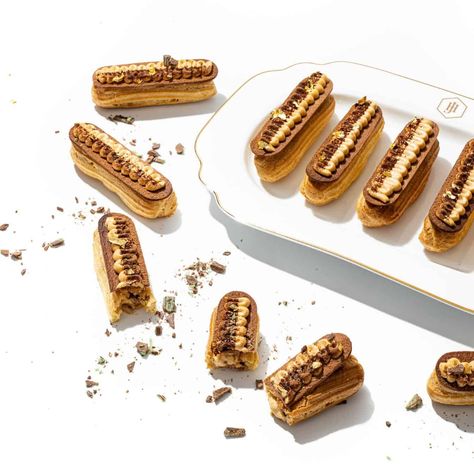 JAN | Recipes | Peppermint Crisp Caramel Éclairs Caramel Eclairs, Buttermilk Rusks, Moroccan Chicken Recipe, Peppermint Crisp, Coconut Biscuits, Caramel Treats, Milk Tart, Edible Gold Leaf, Dairy Desserts