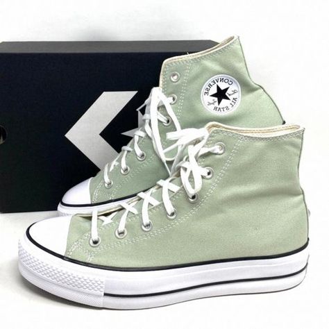 Converse Ctas Lift Platform Women's Sneakers Canvas Light Green High Top A03541c Brand New With Box! 100% Authentic! The Platform High Top You Love, Sized Down For Your Little. With The Same Double-Stacked Sole And Classic Chuck Taylor All Star Design Elements, Like A Diamond Pattern Toe Bumper And Rubber Toe Cap. Fresh Color Elevates Their Attitude And Outlook On Classic Canvas. High-Top Platform Sneaker With Canvas Upper Smartfoam Sockliner For Comfort Updated In One Of The Season's Top Colors Sage Green High Top Platform Converse, Pastel Green Converse, Green Converse Sneakers, Colorful Sneakers Ideas, Pastel Green Shoes, Green Converse Aesthetic, Light Green Converse, Light Green Sneakers, Sage Green Converse