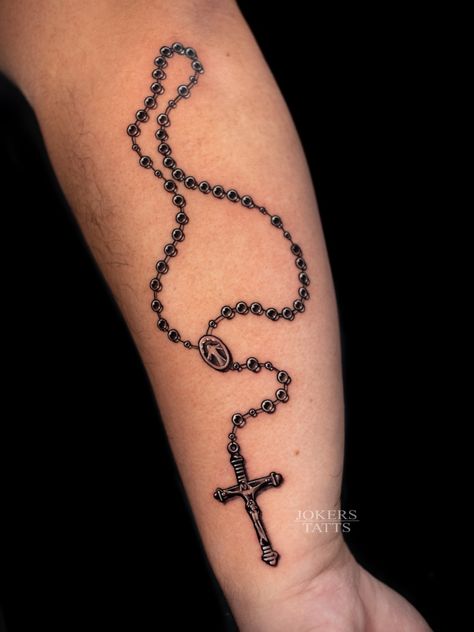 Check me out on Instagram! @jokerstatts432 Forearm Rosary Tattoo For Men, Rosary Necklace Tattoo, Rosery Tattoos Men, Rosary Tattoo For Men, Prayer Beads Tattoo, Rosary Beads Tattoo, Rosary Tattoo Design, Tattoo Rosary, Beads Tattoo