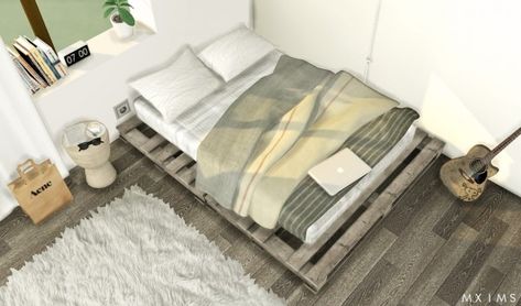 MXIMS: Pallet Floor Bed • Sims 4 Downloads Palette Bed, Black Simmer, Pallet Floors, Kids Bed Canopy, Sims 4 Beds, Recycled Diy, Custom Mattress, Floor Bed Frame, Lights Diy