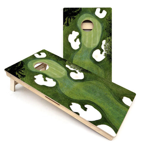 Golf Course Themed Cornhole Boards Cornhole Designs, Course Design, Plywood Board, Leg Braces, Corn Hole, Cornhole Bags, Lawn Games, Edge Lighting, Go Bags