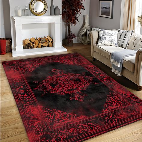 Turkish Rug, Red Black Rug, Faded Rug, Distressed Rug, Border Rug, Frame Rug, Rug For Living Room, Rug For Bedroom, Decorative Rug N00250 WARNING: 1.3x1.9 ft // 40x60cm is our smallest measurement. Make sure you choose the correct size before ordering. Hello Dear Customers, * We can print any print you want on the rug.    Our rugs have fringes. If you like to order a rug without fringes     please mention it in your order. * Hypoallergenic, quality printed, lint-free, washable. * You can make a difference in your home with rugs designed according to your taste. * Since these rugs do not have hair removal or similar disadvantages, you will not have all your energy, do not worry. *Our product is produced with 3D digital printing technology. * When you want to wash it, we recommend that you w Red And Black Rugs, Bedroom Ideas Red And Black, Red And Black Living Room Ideas, Red And Black Bedroom Ideas, Black And Red Bedroom, Black And Red Living Room, Red Stuff, Moody Bedroom, Bed Rug