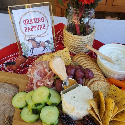 Rodeo Themed Birthday Party Food, Rodeo Themed Appetizers, Rodeo Themed Snacks Food Ideas, 1st Rodeo Party Food, 3rd Cowboy Birthday, My First Rodeo Snack Ideas, Rustic Cowboy Birthday Party, 50th Birthday Rodeo Theme, Western Food Ideas For Party