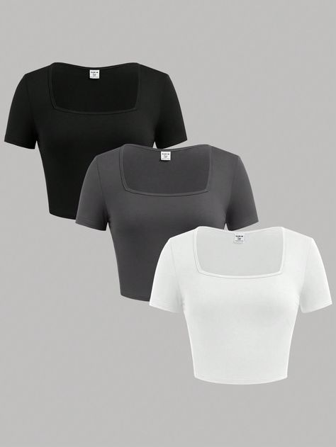 SHEIN Teen Girl Basic Square Neck Crop Top T-Shirt, Multi-Pack And Multi-ColorI discovered amazing products on SHEIN.com, come check them out! Teen Crop Tops, Mudroom Ideas, Body Outfit, Girls Crop Tops, Plain Outfits, Girls T Shirts, School Style, Cute Crop Tops